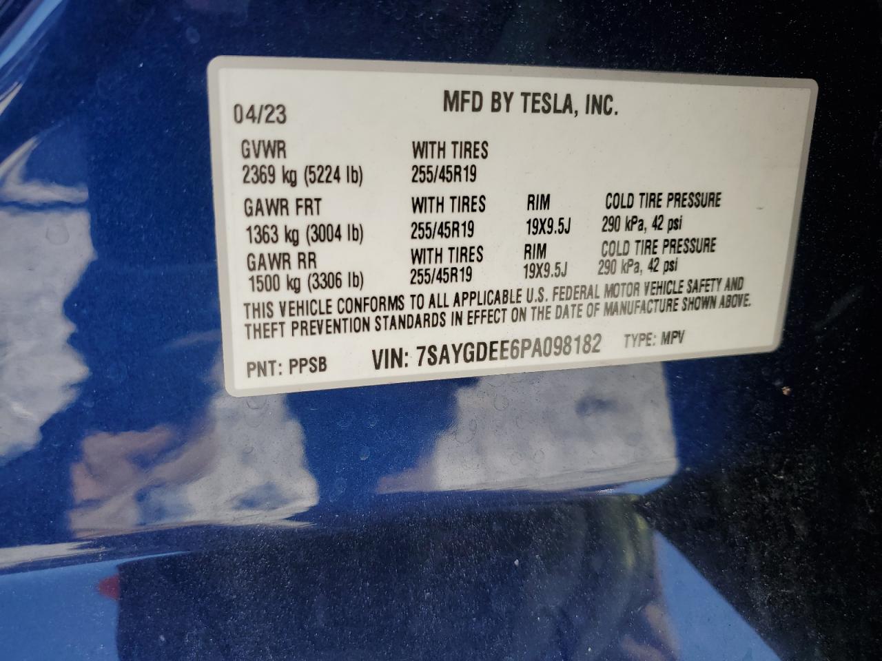 2023 TESLA MODEL Y VIN:7SAYGDEE6PA098182