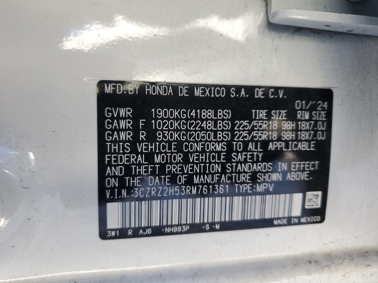 2024 HONDA HR-V SPORT VIN:3CZRZ2H53RM761361