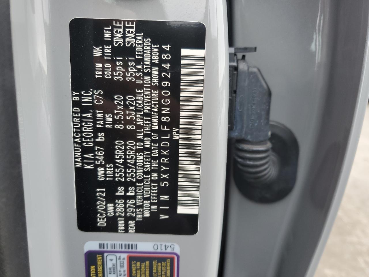 2022 KIA SORENTO SX VIN:5XYRKDLF8NG092484