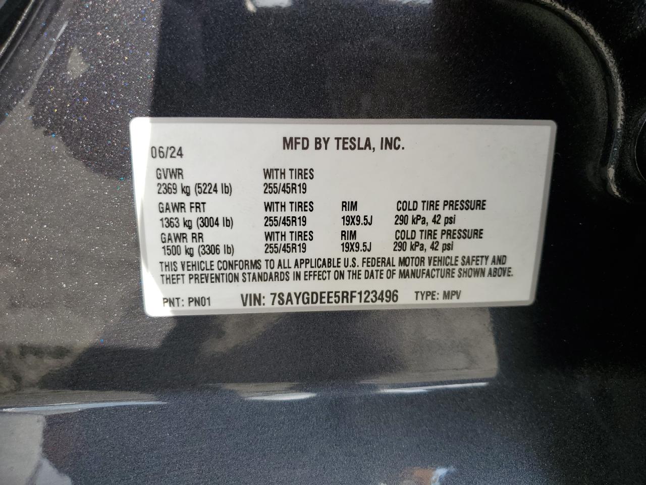 2024 TESLA MODEL Y VIN:7SAYGDEE5RF123496