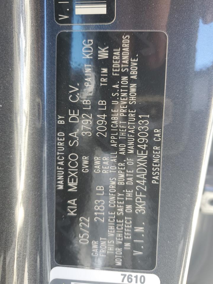 2022 KIA FORTE FE VIN:3KPF24ADXNE490331