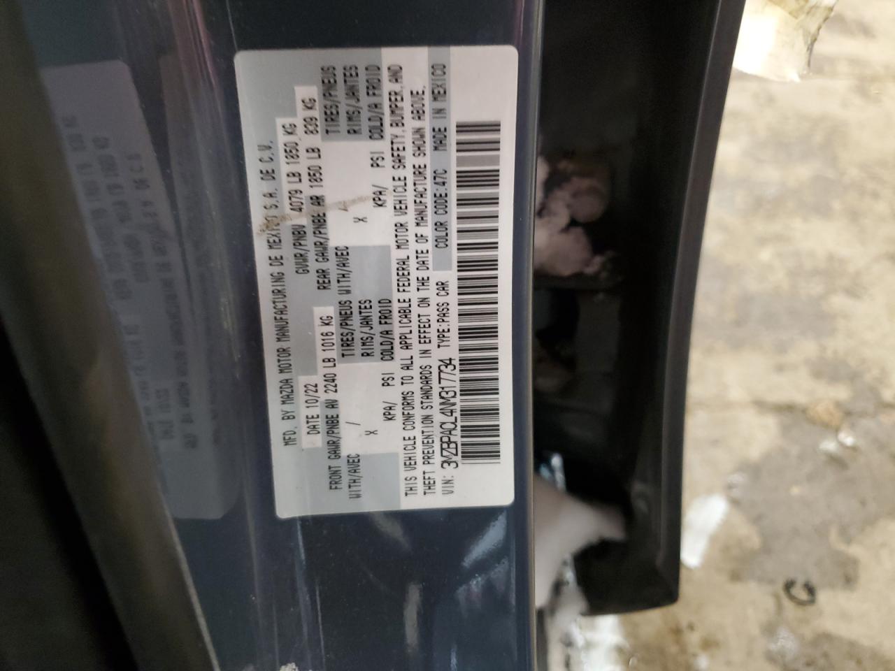 2022 MAZDA 3 PREFERRED VIN:3MZBPACL4NM317734