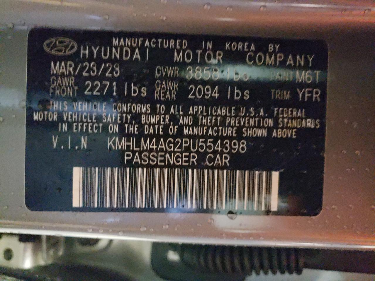 2023 HYUNDAI ELANTRA SEL VIN:KMHLM4AG2PU554398