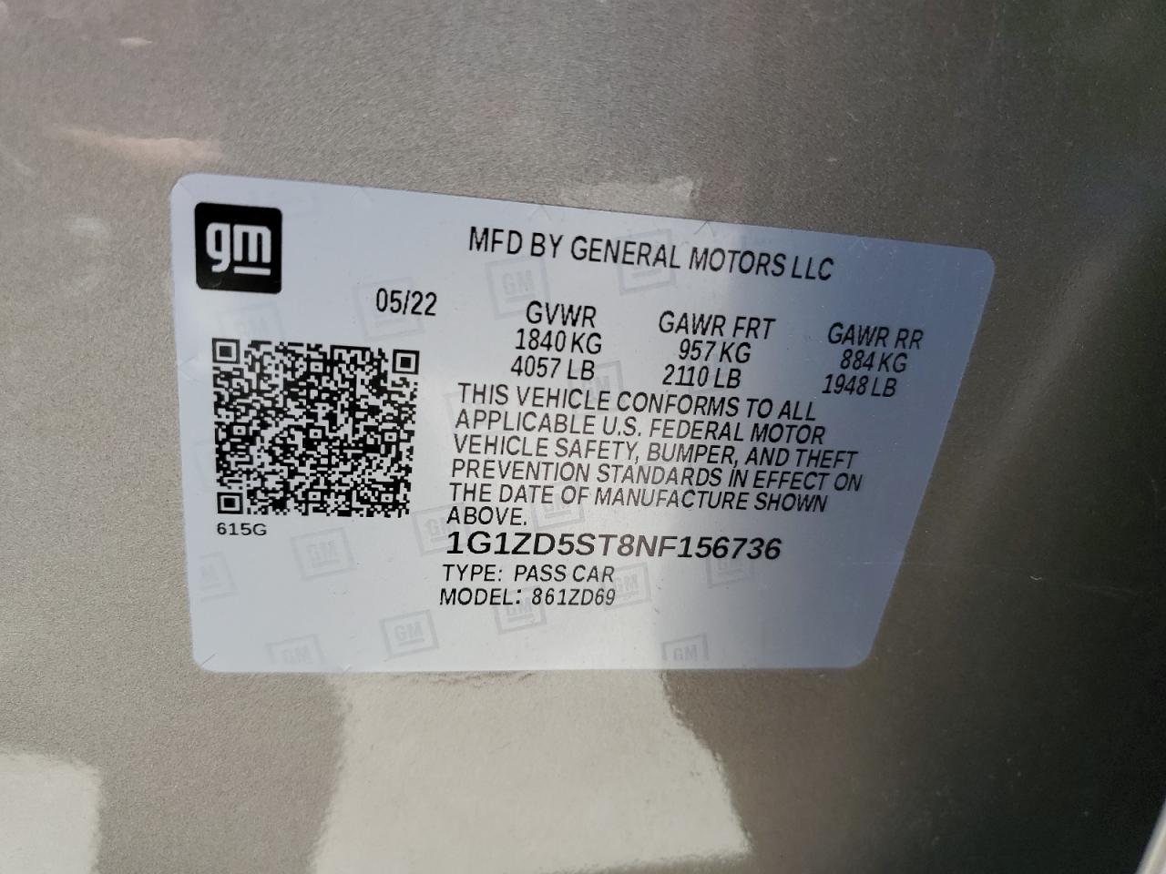 2022 CHEVROLET MALIBU LT VIN:1G1ZD5ST8NF156736