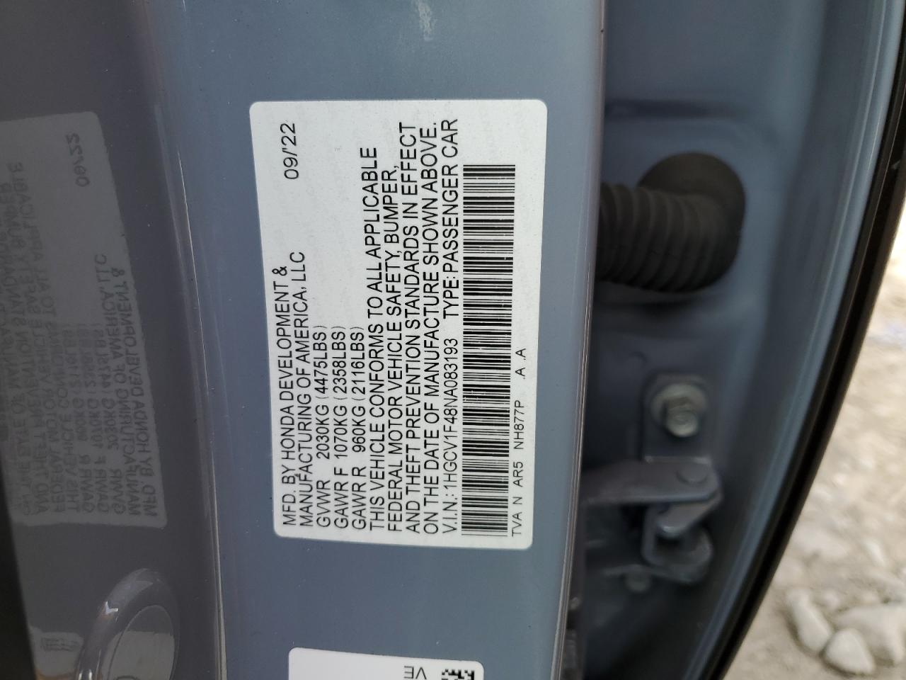 2022 HONDA ACCORD SPORT SE VIN:1HGCV1F48NA083193