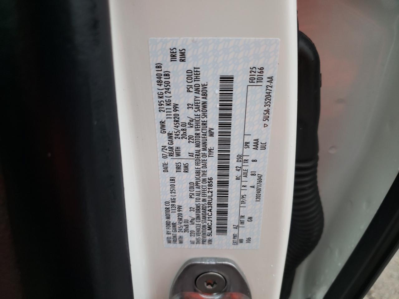 2024 LINCOLN CORSAIR VIN:5LMCJ1CA3RUL21856