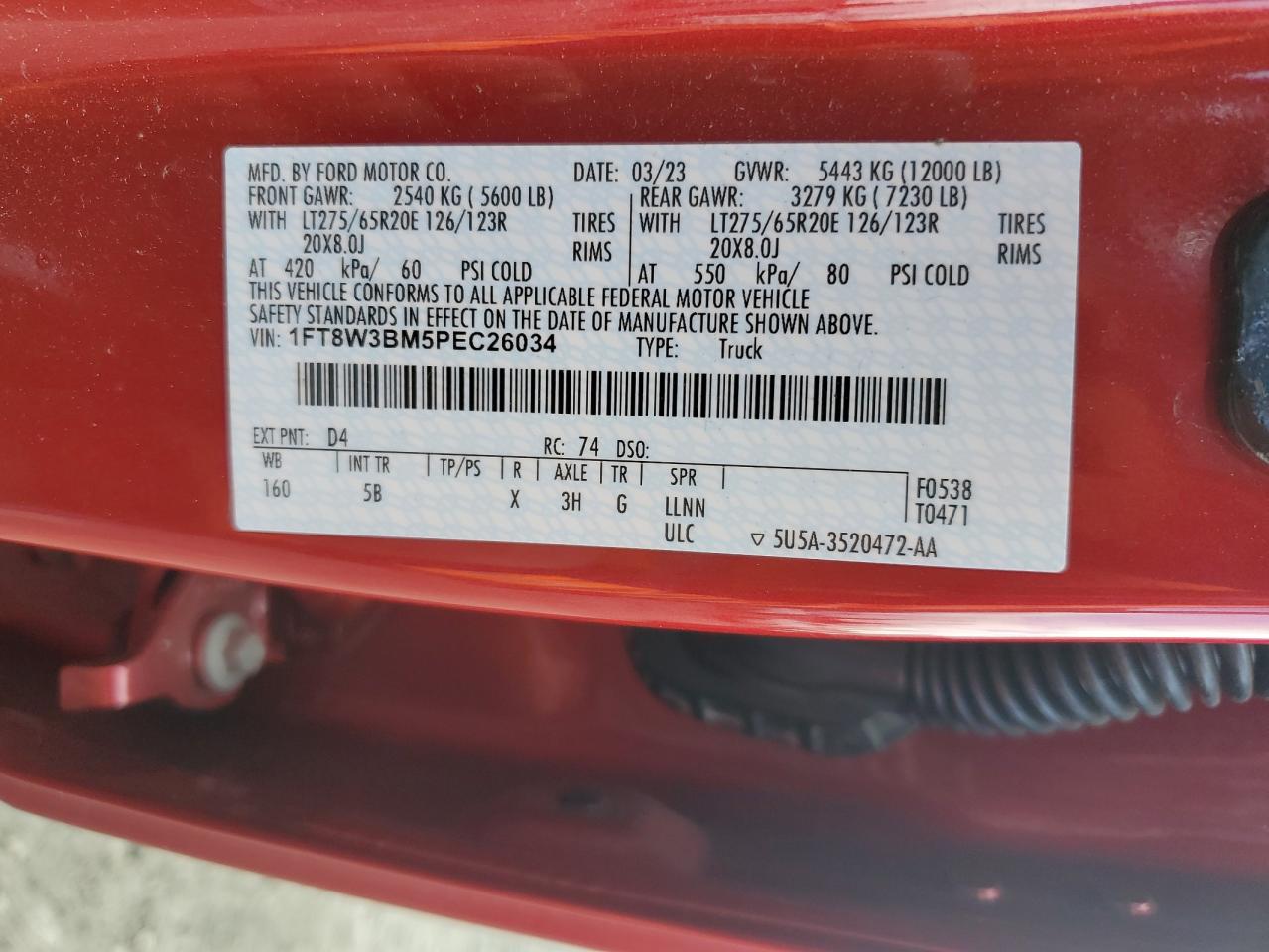 2023 FORD F350 SUPER DUTY VIN:1FT8W3BM5PEC26034