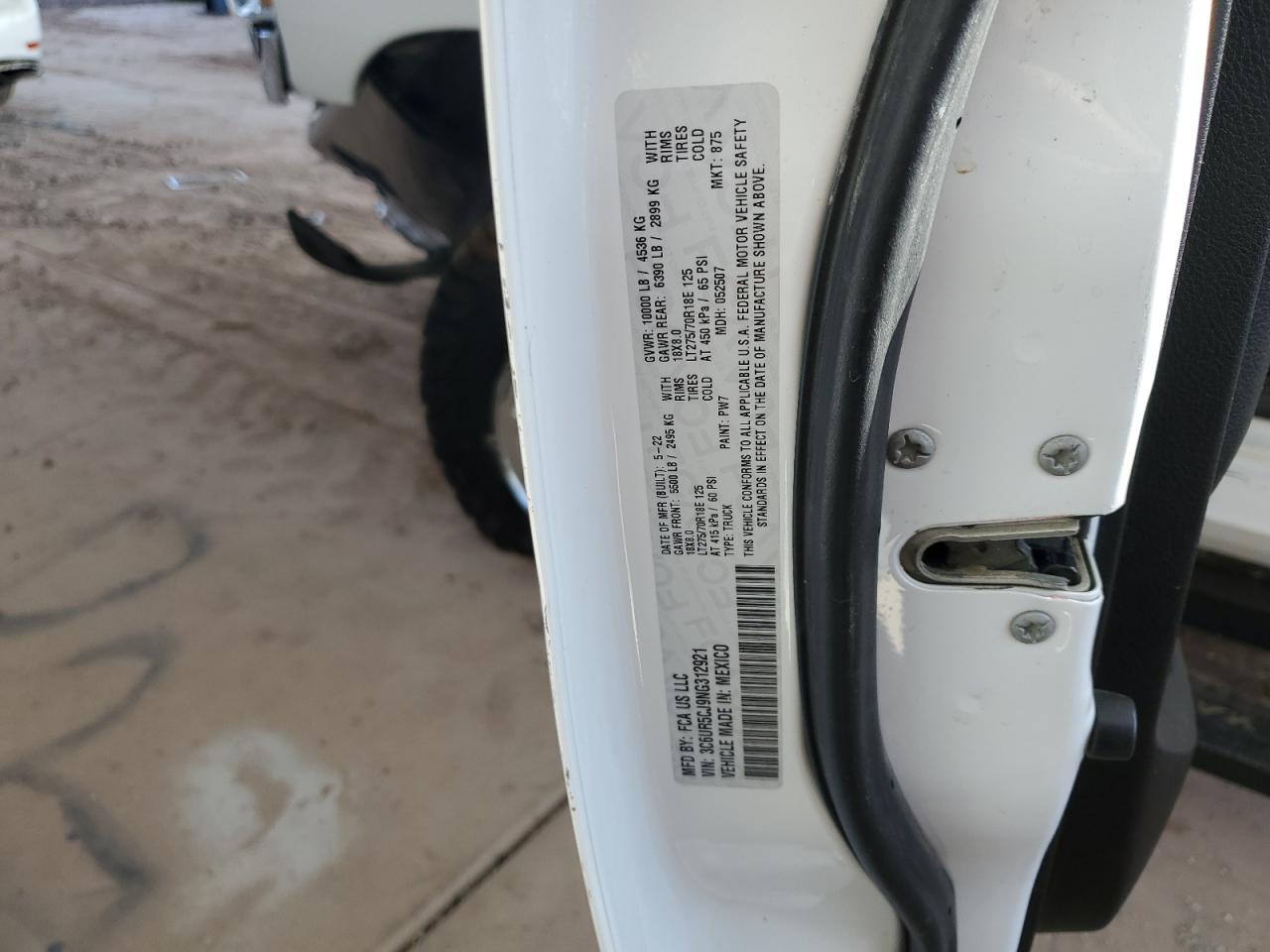 2022 RAM 2500 TRADESMAN VIN:3C6UR5CJ9NG312921