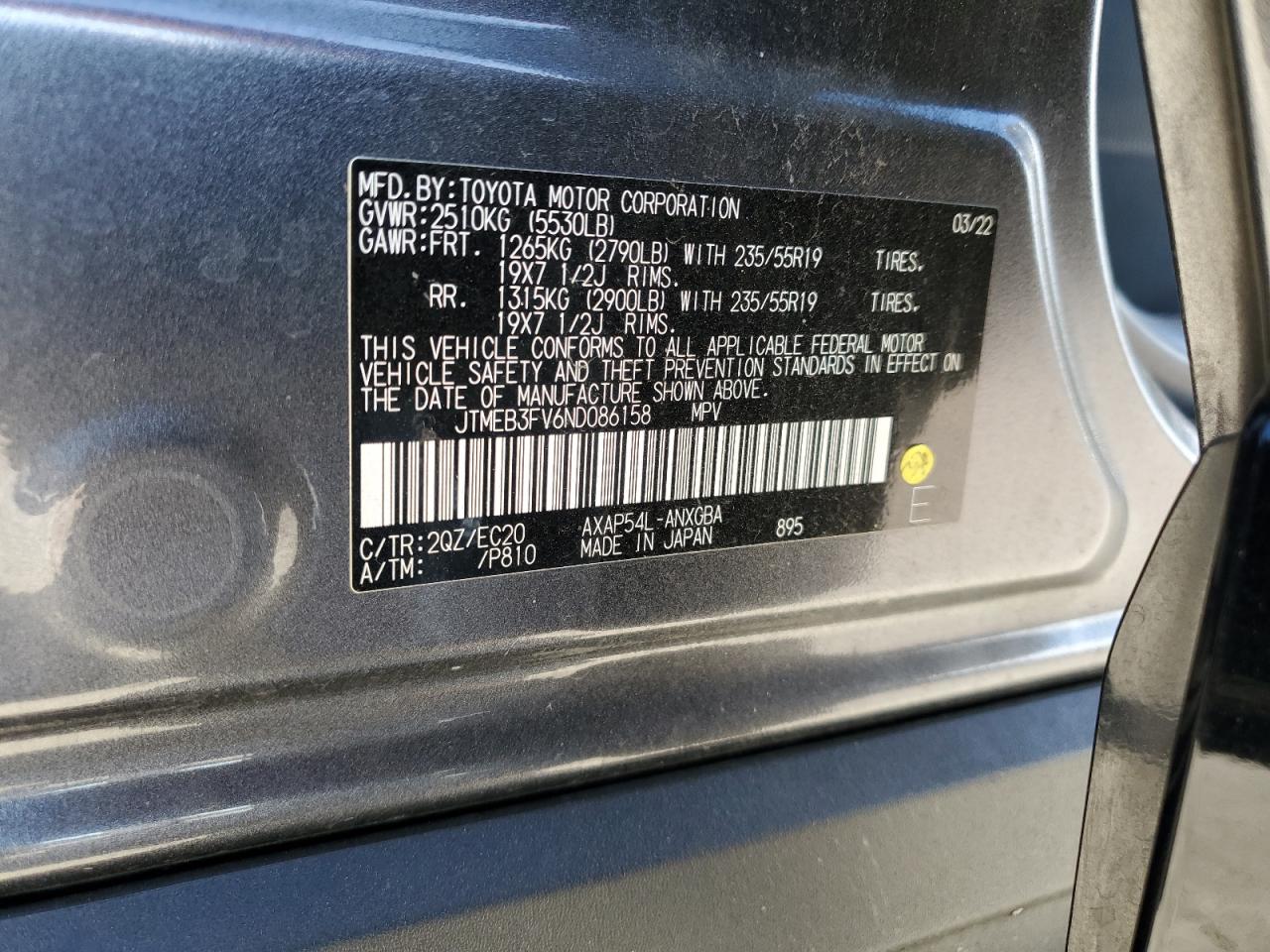 2022 TOYOTA RAV4 PRIME XSE VIN:JTMEB3FV6ND086158