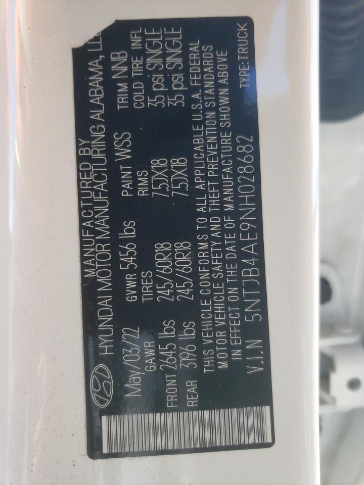 2022 HYUNDAI SANTA CRUZ SEL VIN:5NTJB4AE9NH028682