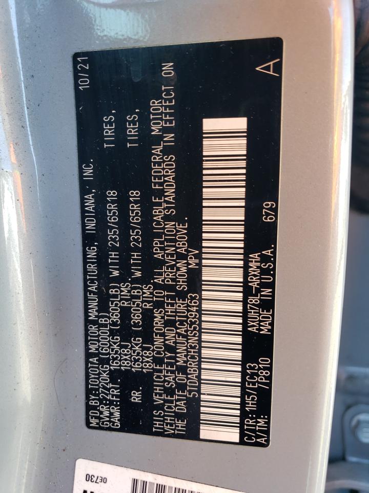 2022 TOYOTA HIGHLANDER HYBRID XLE VIN:5TDABRCH3NS539463