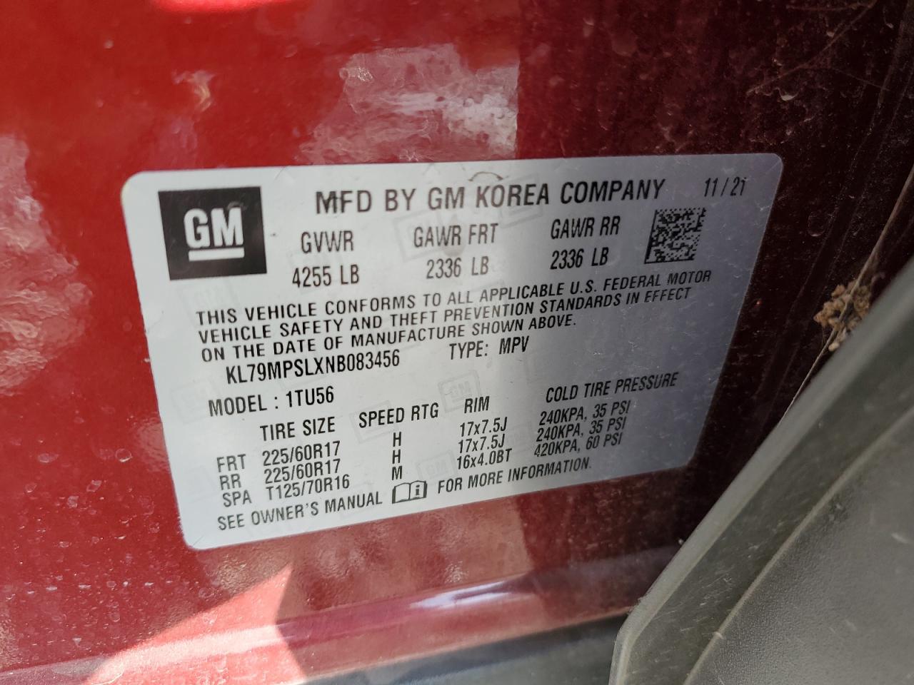 2022 CHEVROLET TRAILBLAZER LT VIN:KL79MPSLXNB083456