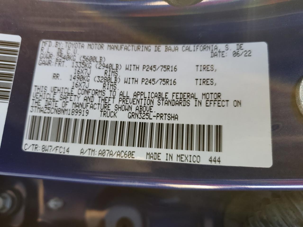 2022 TOYOTA TACOMA DOUBLE CAB VIN:3TMAZ5CN8NM189919