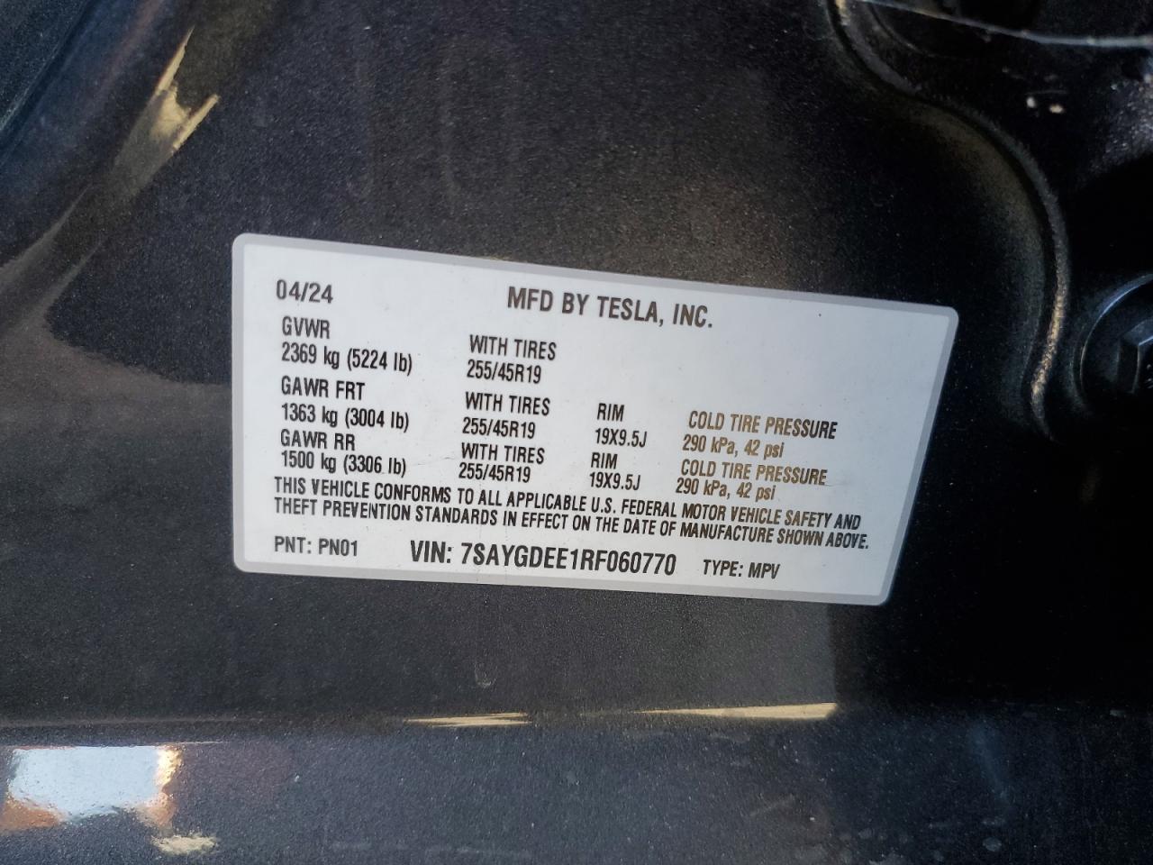 2024 TESLA MODEL Y VIN:7SAYGDEE1RF060770