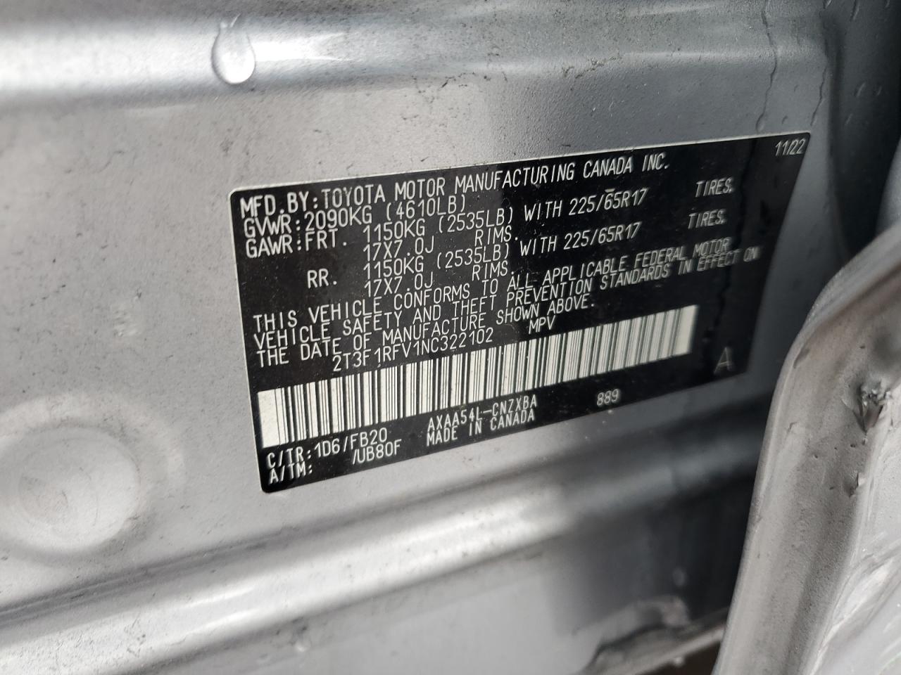 2022 TOYOTA RAV4 LE VIN:2T3F1RFV1NC322102