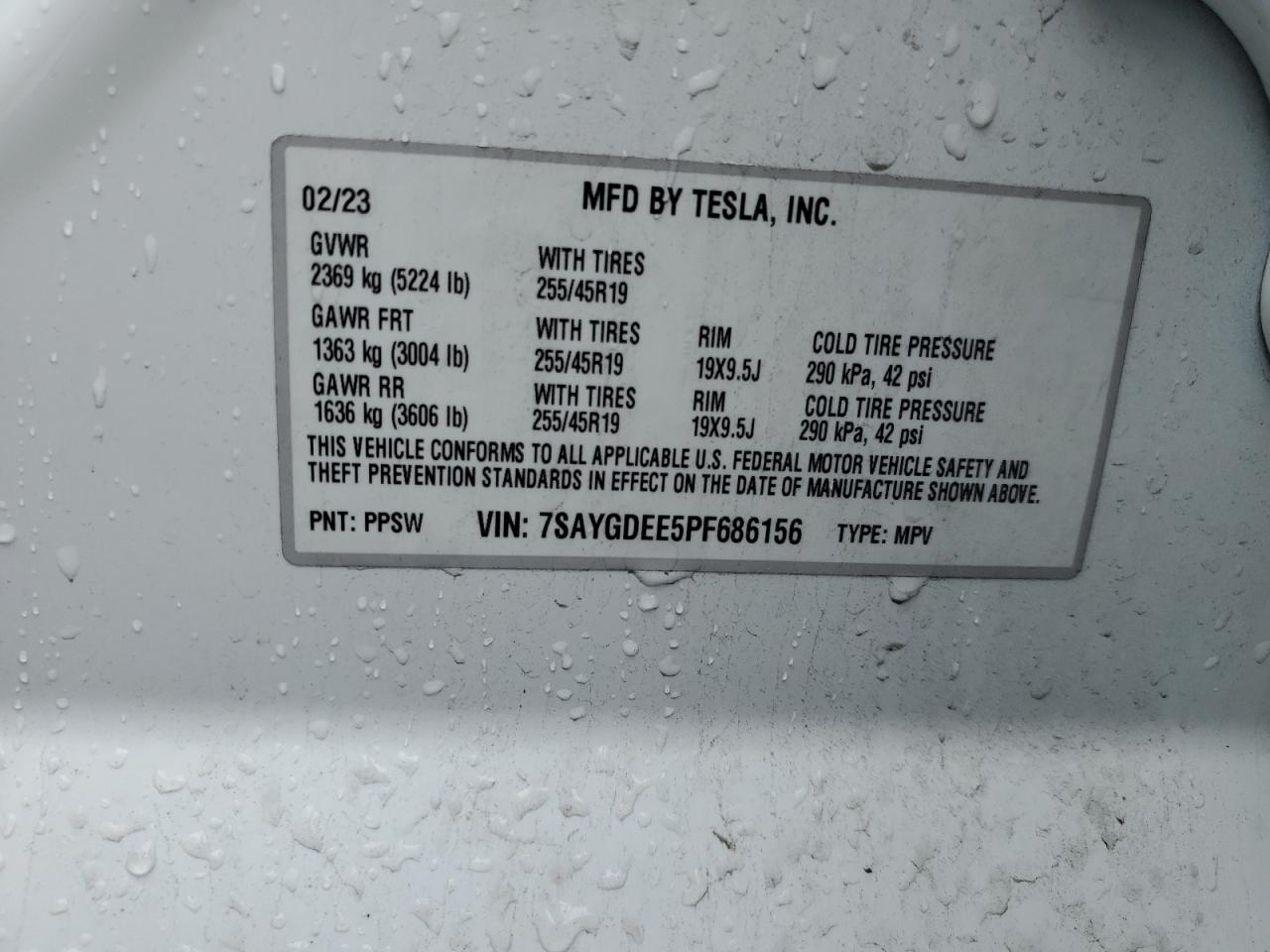 2023 TESLA MODEL Y VIN:7SAYGDEE5PF686156