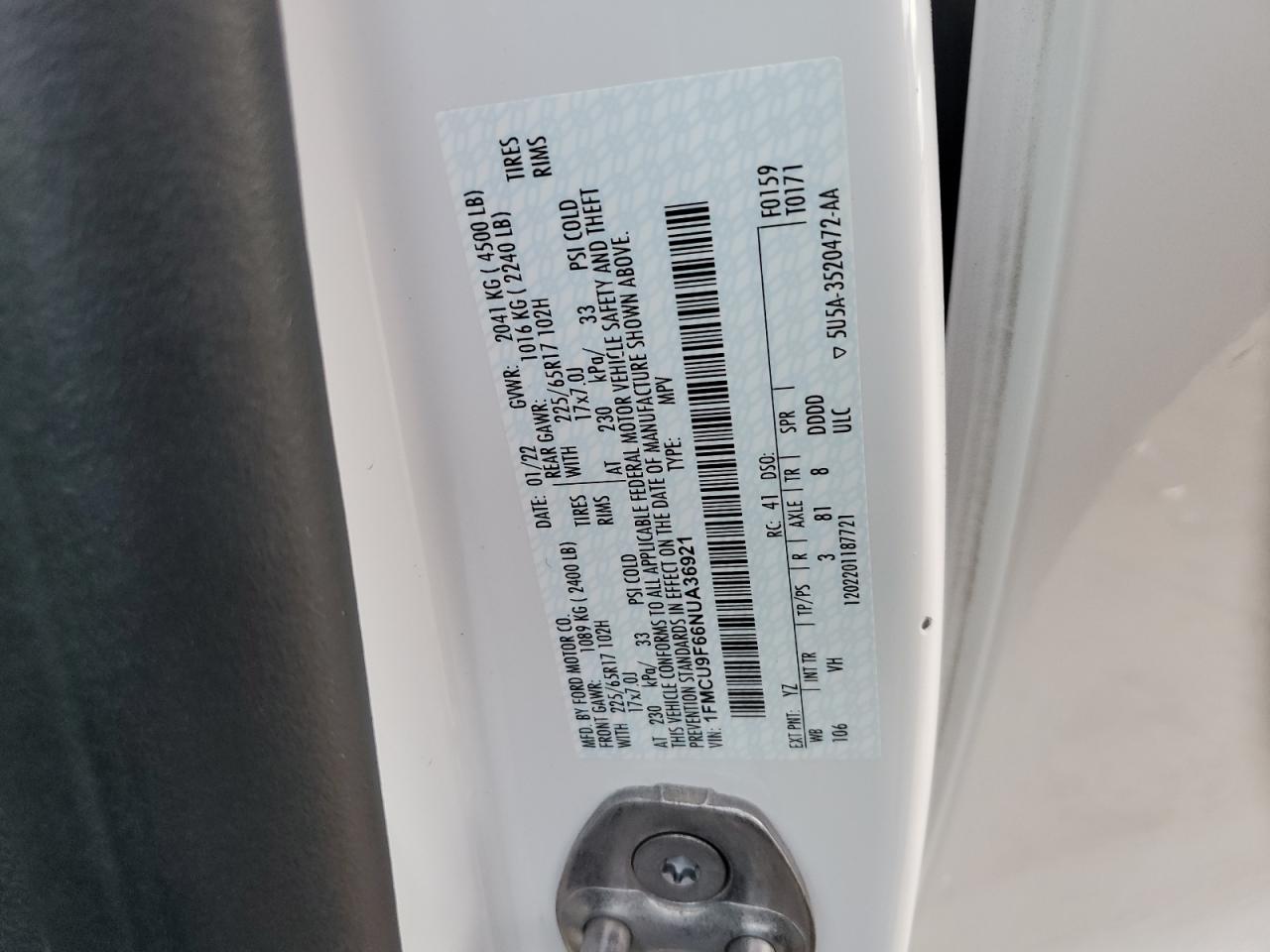2022 FORD ESCAPE S VIN:1FMCU9F66NUA36921