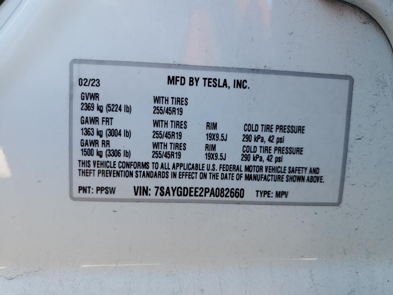 2023 TESLA MODEL Y VIN:7SAYGDEE2PA082660