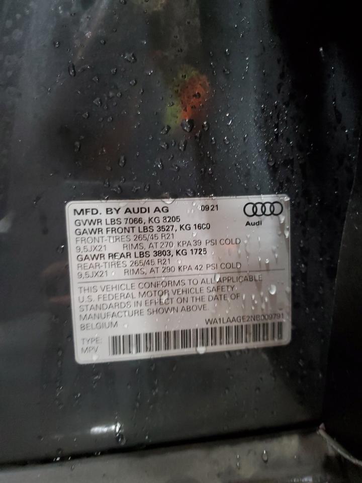 2022 AUDI E-TRON PREMIUM PLUS VIN:WA1LAAGE2NB009791