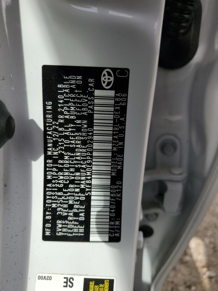 2023 TOYOTA COROLLA LE VIN:5YFB4MDE9PP002940