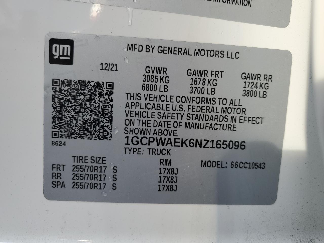 2022 CHEVROLET SILVERADO LTD C1500 VIN:1GCPWAEK6NZ165096