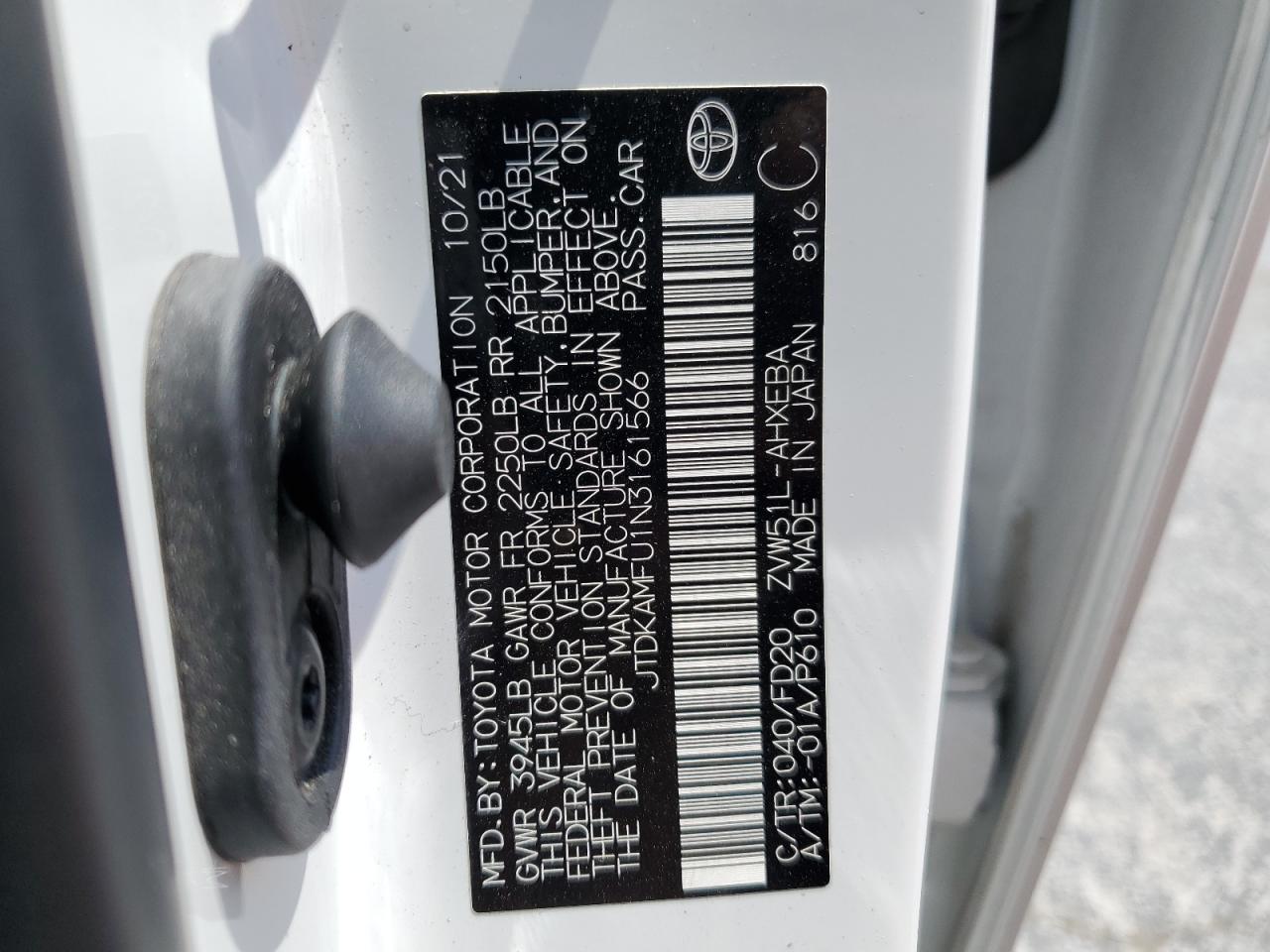 2022 TOYOTA PRIUS NIGHT SHADE VIN:JTDKAMFU1N3161566