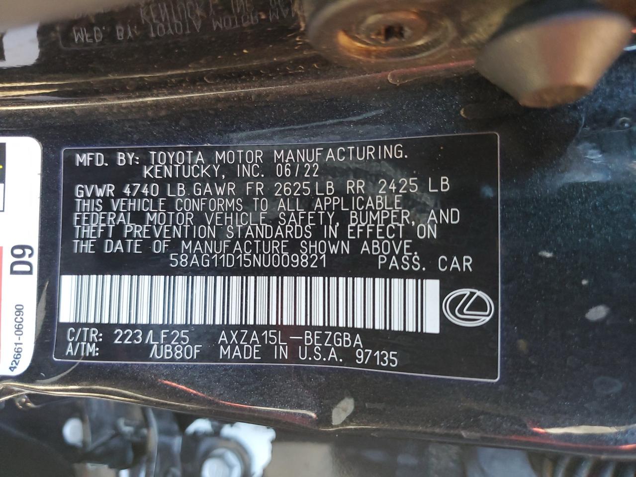 2022 LEXUS ES 250 BASE VIN:1G1ZE5ST6GF212849