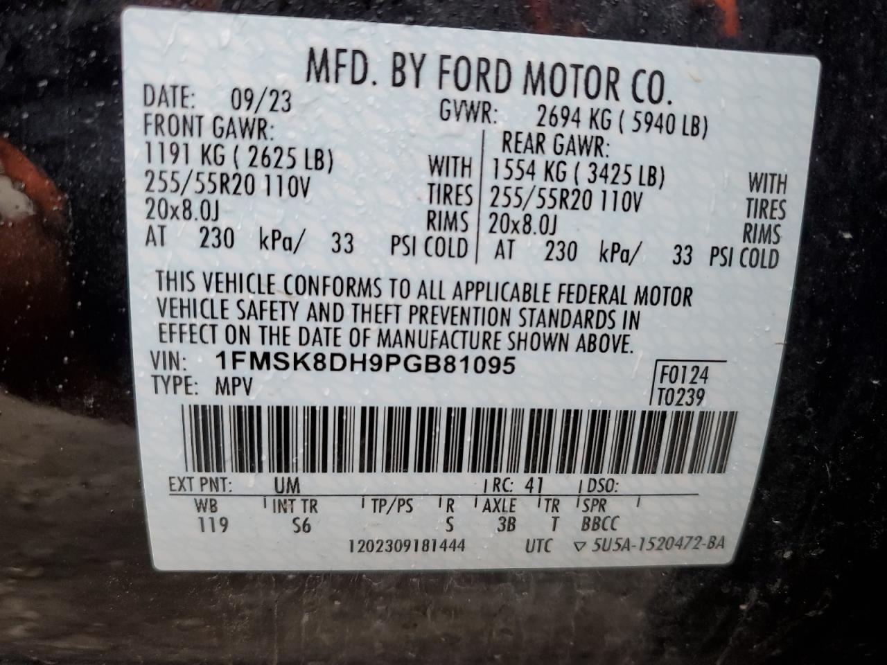 2023 FORD EXPLORER XLT VIN:1FMSK8DH9PGB81095