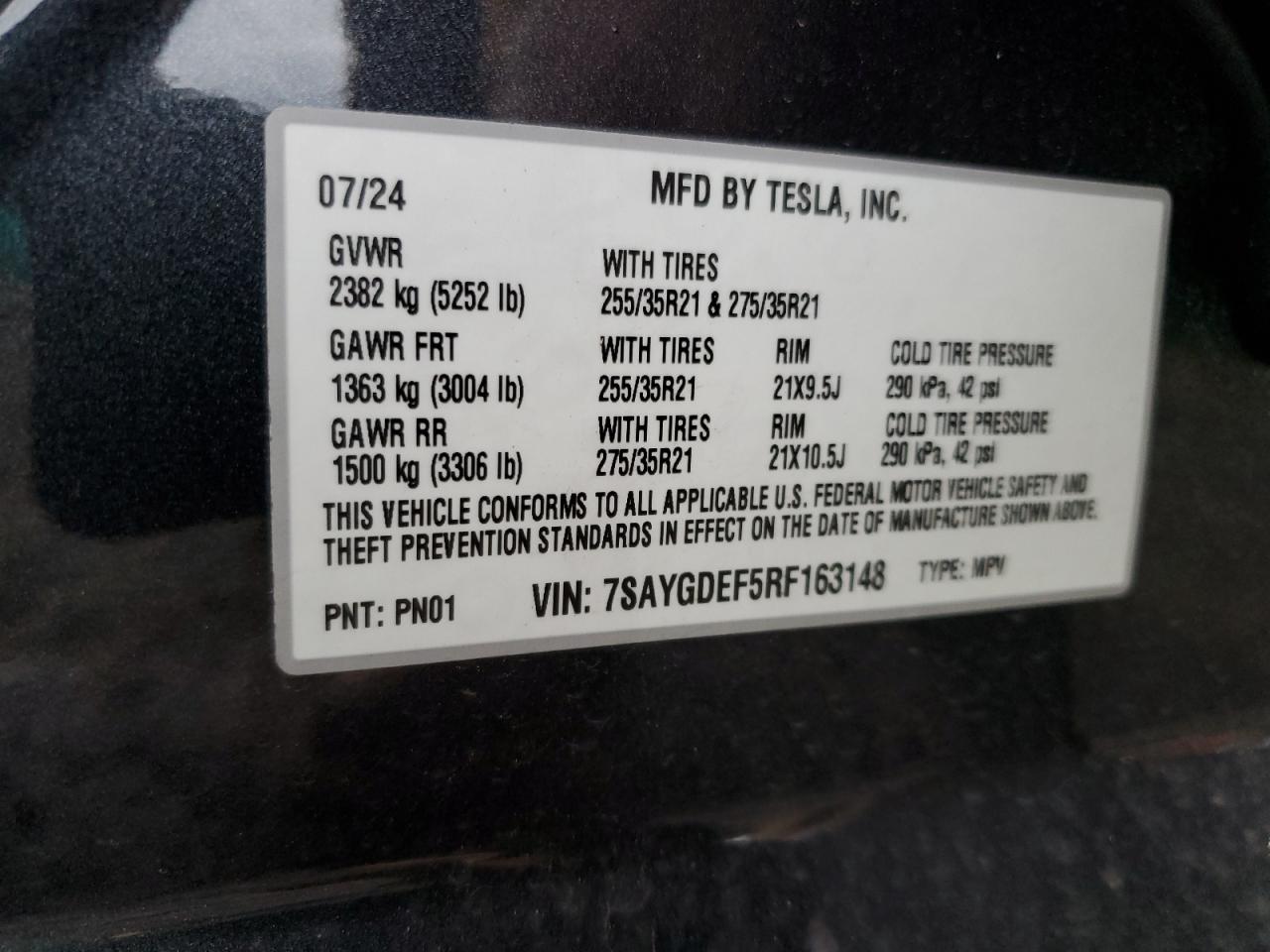 2024 TESLA MODEL Y VIN:7SAYGDEF5RF163148