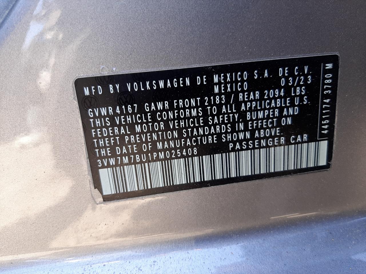 2023 VOLKSWAGEN JETTA SE VIN:3VW7M7BU1PM025408