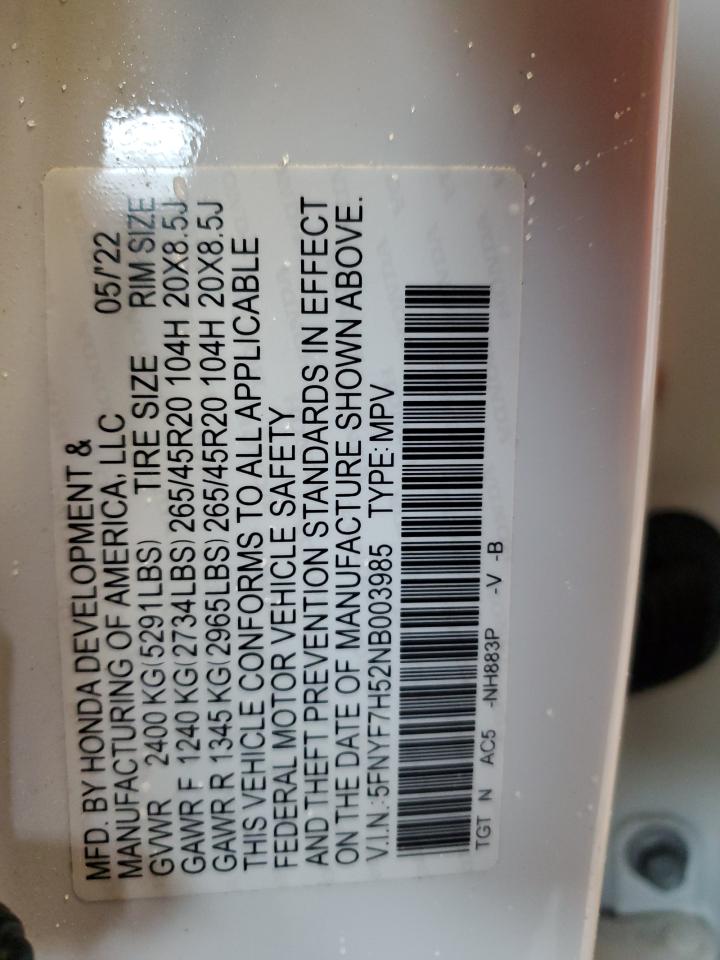 2022 HONDA PASSPORT EXL VIN:5FNYF7H52NB003985