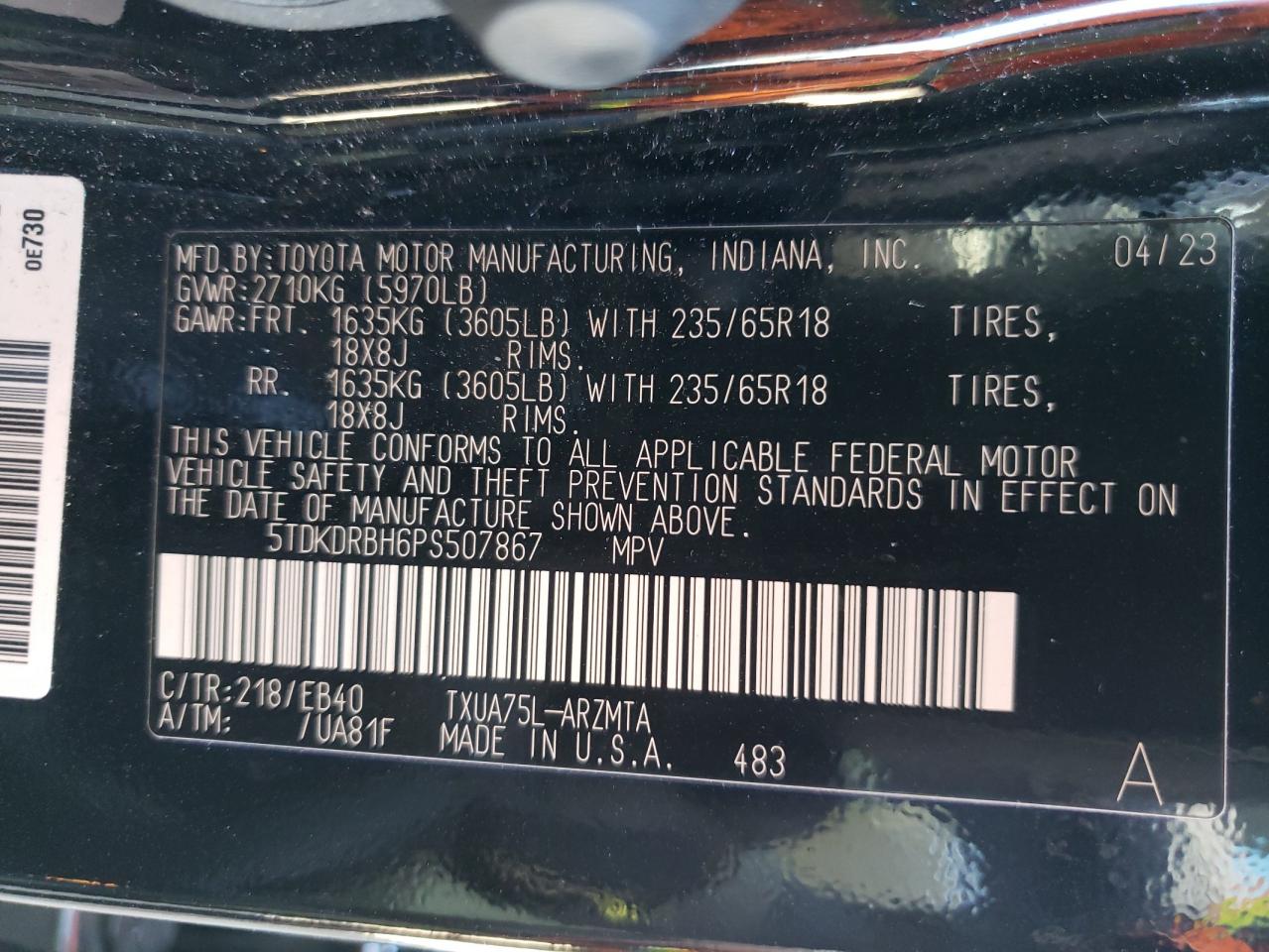 2023 TOYOTA HIGHLANDER L VIN:5TDKDRBH6PS507867