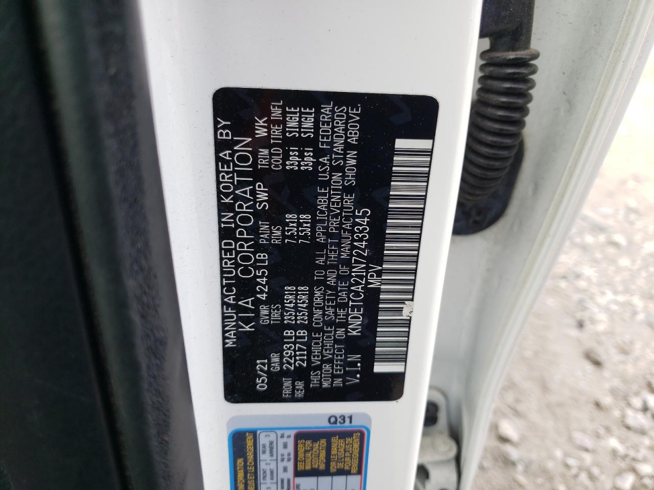 2022 KIA SELTOS SX VIN:KNDETCA21N7243345