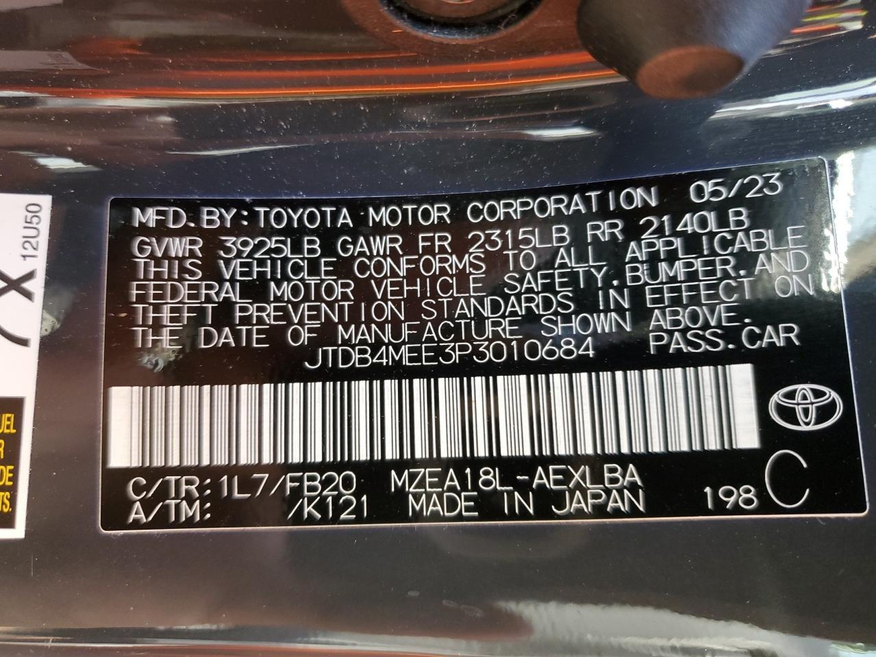 2023 TOYOTA COROLLA LE VIN:JTDB4MEE3P3010684