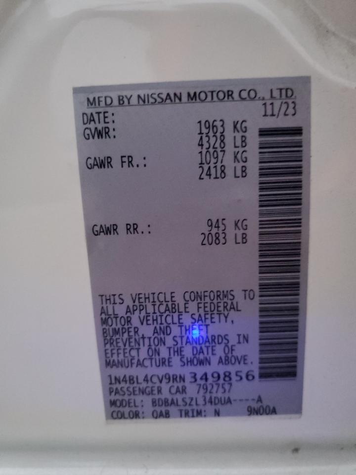2024 NISSAN ALTIMA SR VIN:1N4BL4CV9RN349856