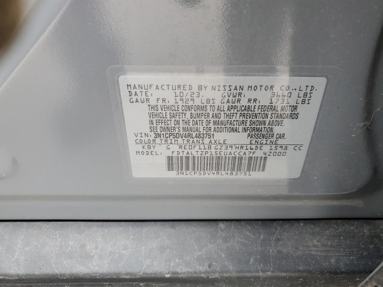 2024 NISSAN KICKS SR VIN:3N1CP5DV4RL483751