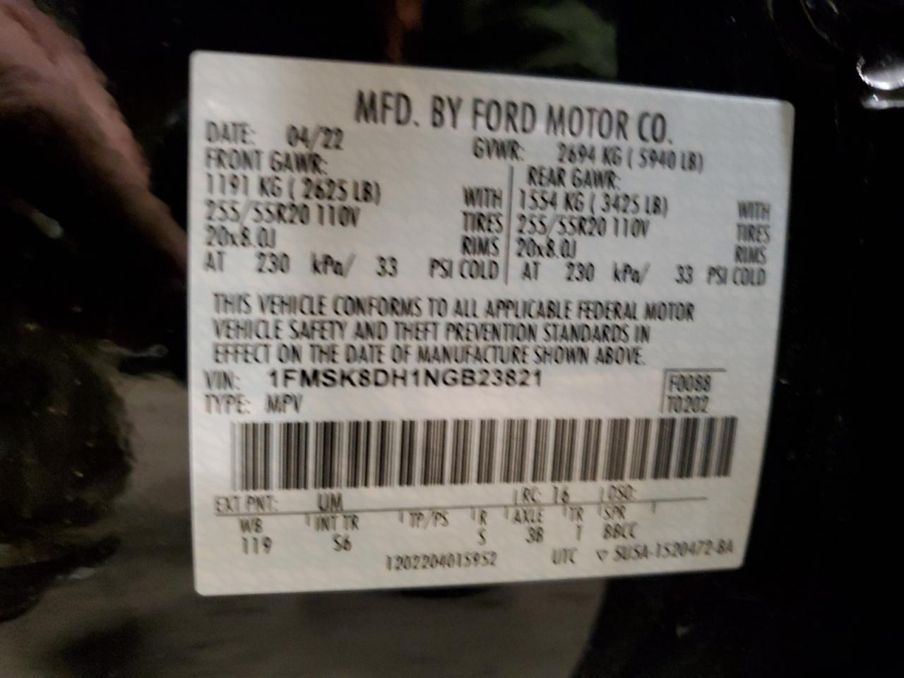 2022 FORD EXPLORER XLT VIN:1FMSK8DH1NGB23821