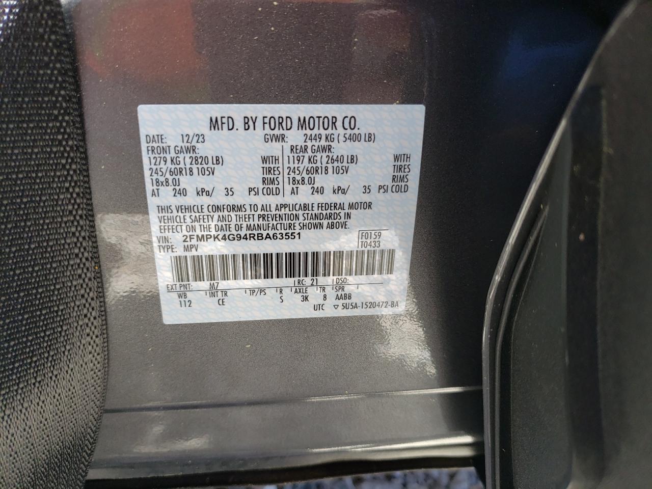 2024 FORD EDGE SE VIN:2FMPK4G94RBA63551