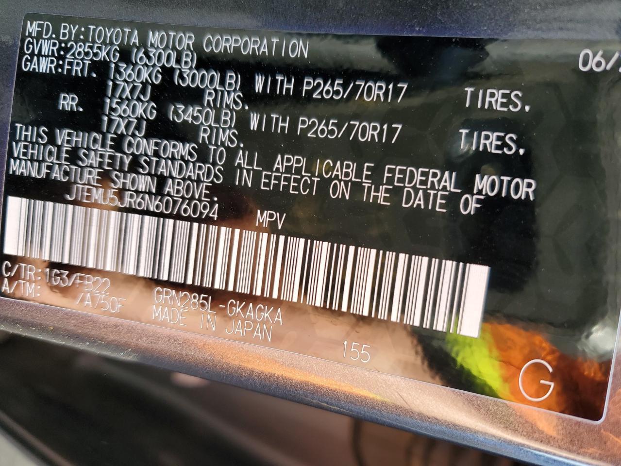 2022 TOYOTA 4RUNNER SR5/SR5 PREMIUM VIN:JTEMU5JR6N6076094