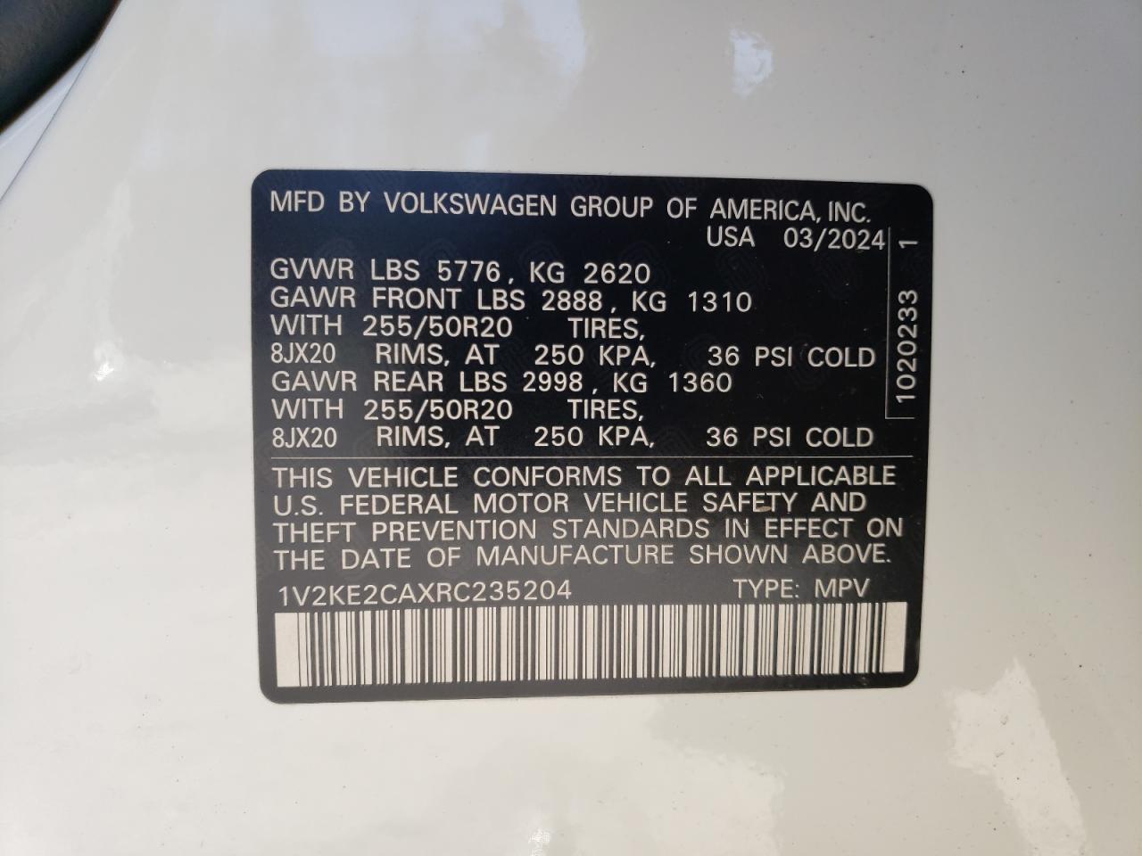 2024 VOLKSWAGEN ATLAS CROSS SPORT SE VIN:1V2KE2CAXRC235204