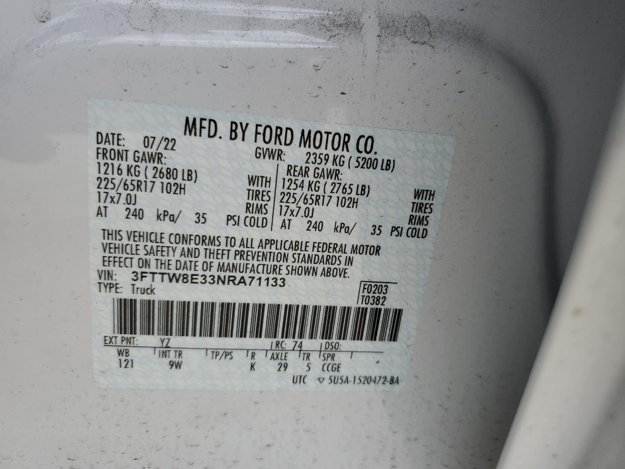 2022 FORD MAVERICK XL VIN:3FTTW8E33NRA71133