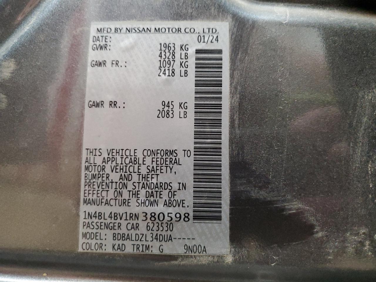 2024 NISSAN ALTIMA S VIN:1N4BL4BV1RN380598