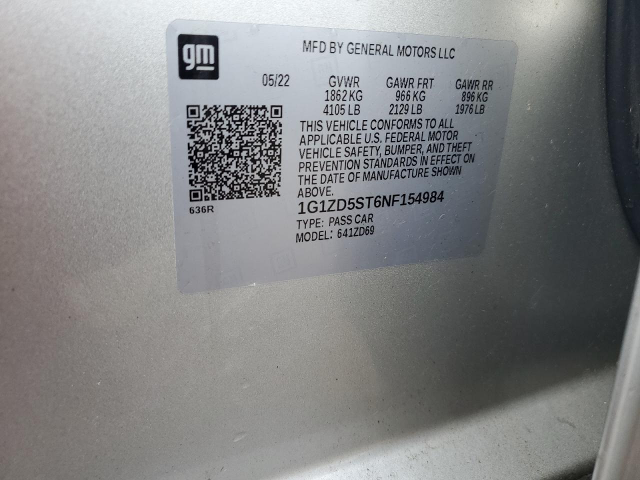 2022 CHEVROLET MALIBU LT VIN:1G1ZD5ST6NF154984