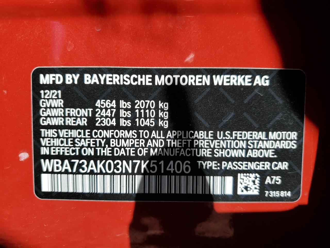 2022 BMW 228XI VIN:WBA73AK03N7K51406