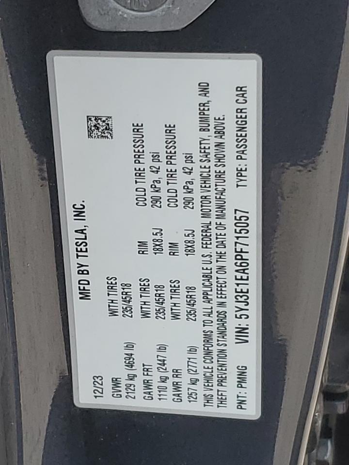 2023 TESLA MODEL 3 VIN:5YJ3E1EA6PF715057