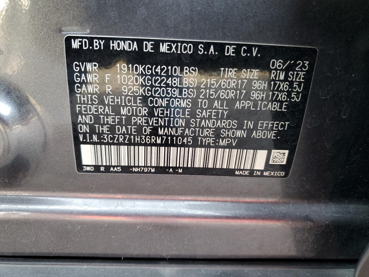 2024 HONDA HR-V LX VIN:3CZRZ1H36RM711045