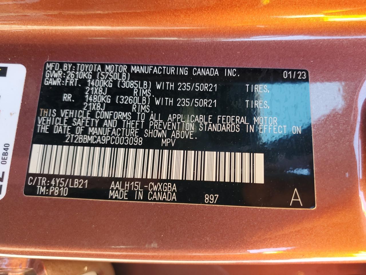 2023 LEXUS RX 350H BASE VIN:2T2BBMCA9PC003098