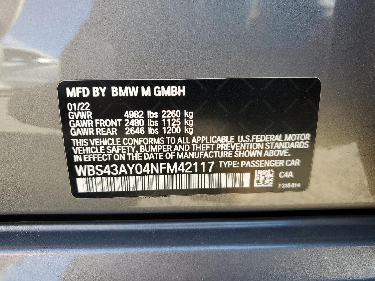 2022 BMW M3 COMPETITION VIN:WBS43AY04NFM42117