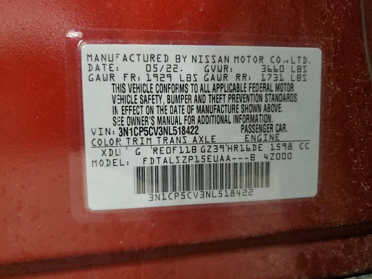 2022 NISSAN KICKS SV VIN:3N1CP5CV3NL518422