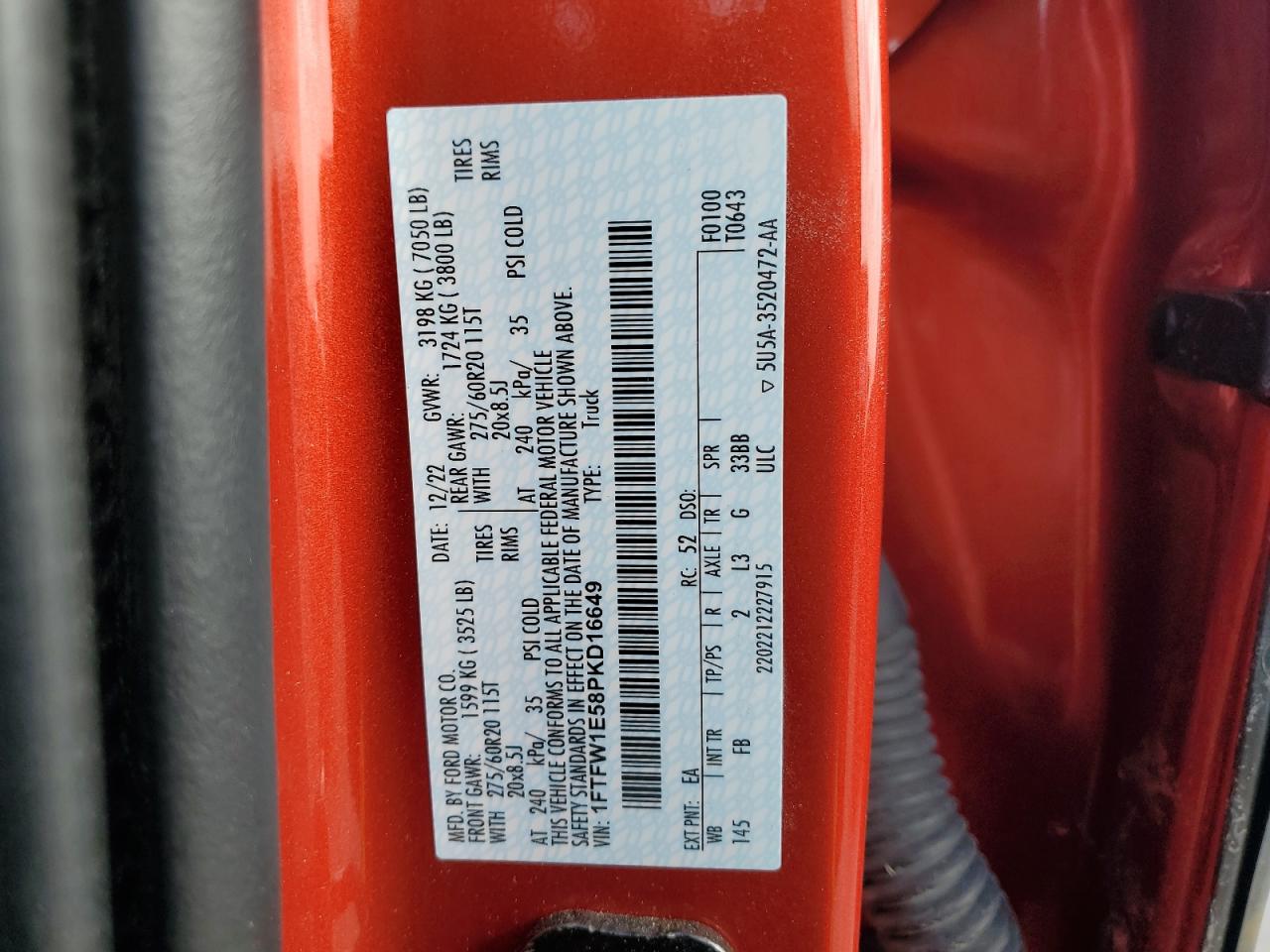 2023 FORD F150 SUPERCREW VIN:1FTFW1E58PKD16649